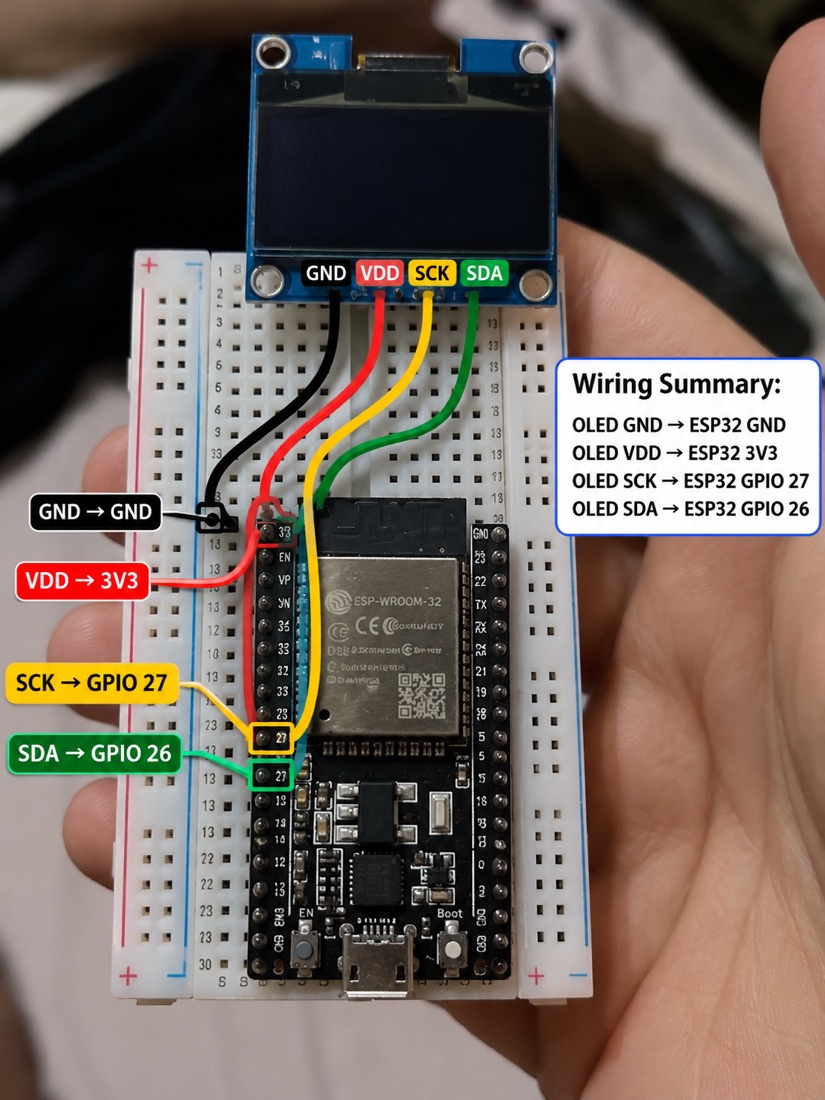 ESP32 conectado a una pantalla OLED en una protoboard